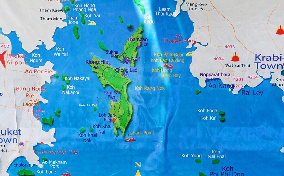 Karte der Phang Nga Bucht mit Koh Yao Yai und Koh Yao Noi.