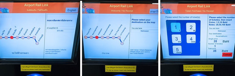 Bildschirm des Fahrkartenautomaten für den Airport Rail Link Bangkok.
