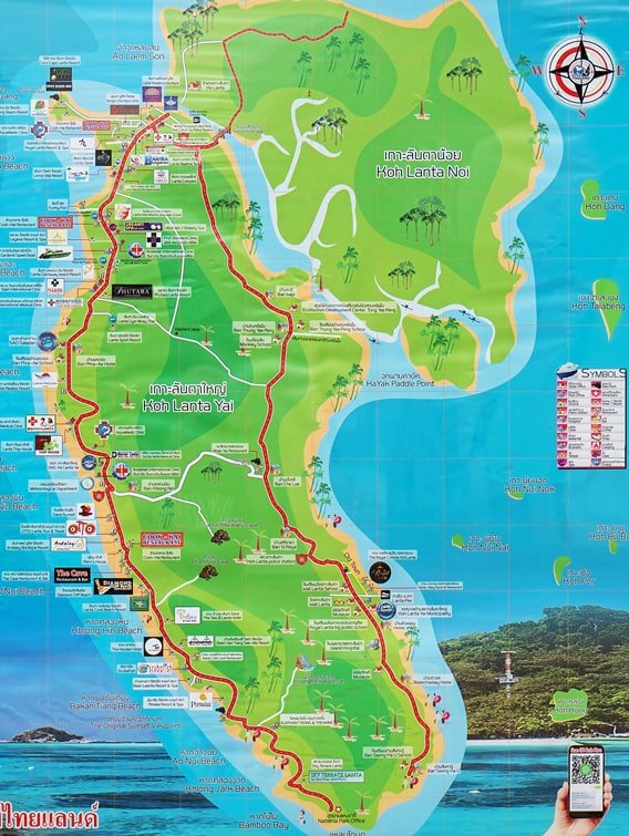 Karte mit Stränden und Sehenswürdigkeiten von Koh Lanta.
