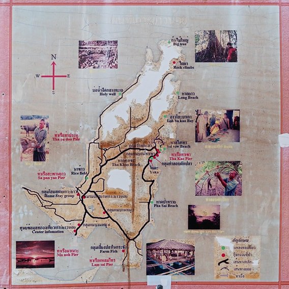 Karte mit den Stränden und Sehenswürdigkeiten von Koh Yao Noi.