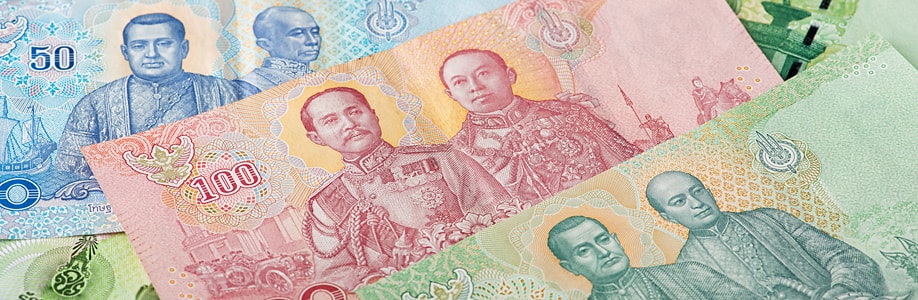 Thailändische Geldscheine. 50, 100 und 20 Baht.